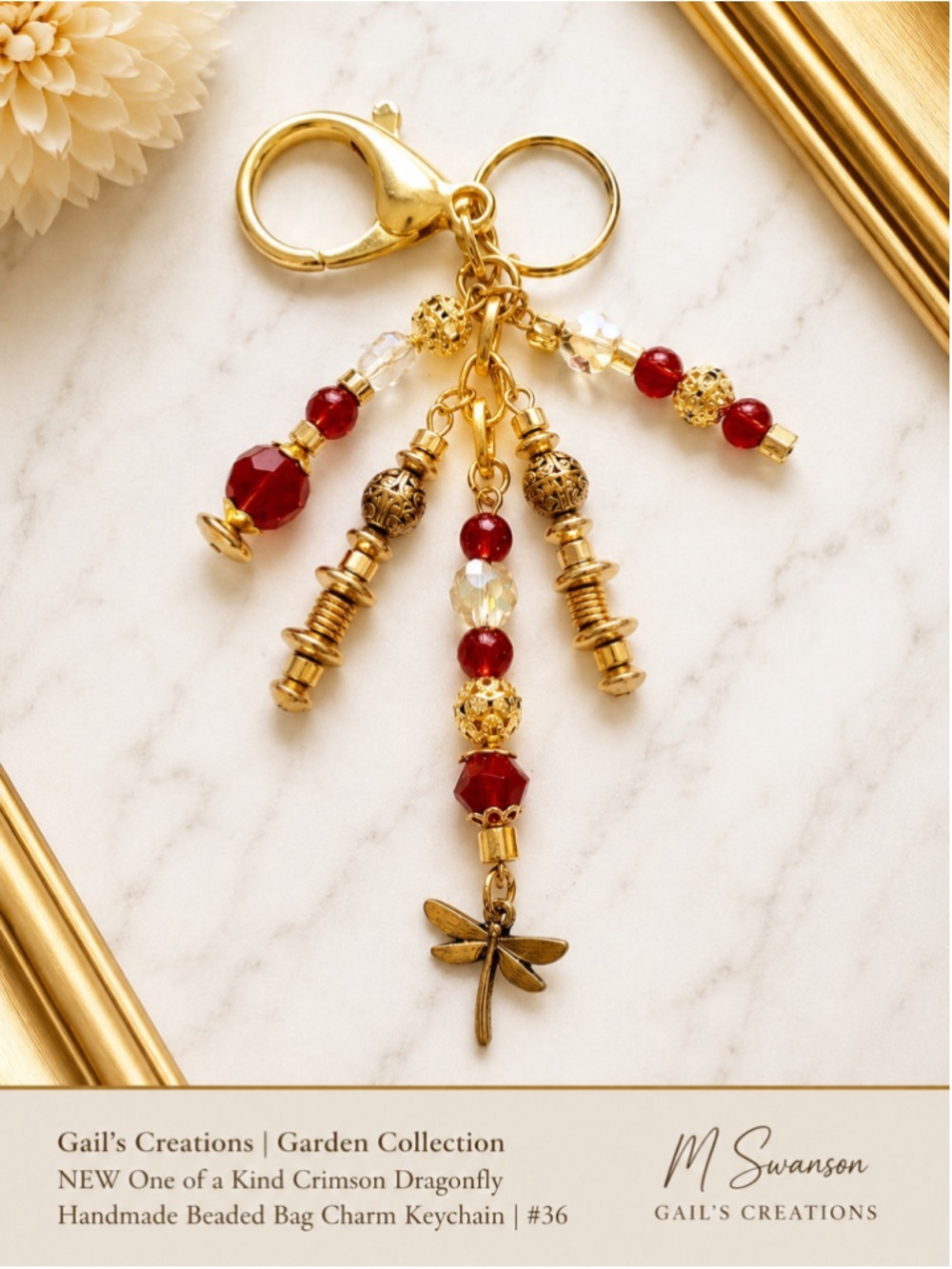 NEW One of a Kind Crimson Dragonfly Handmade Beaded Bag Charm Keychain (#36)